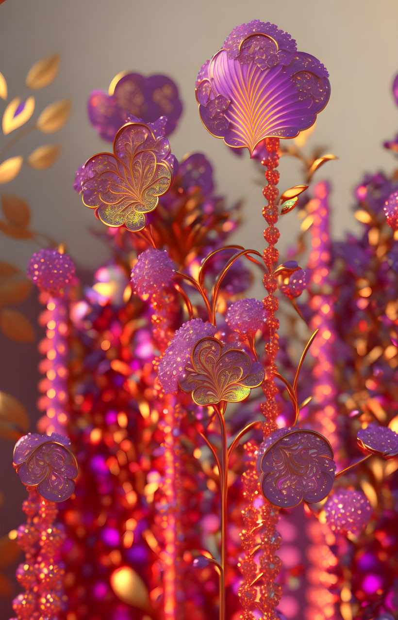 Vibrant surreal flowers with intricate purple patterns on red stalks