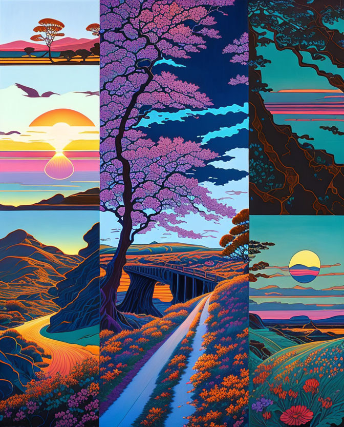 Colorful Quadriptych: Landscapes, Cherry Blossoms, Bridge, Hills, Sunset