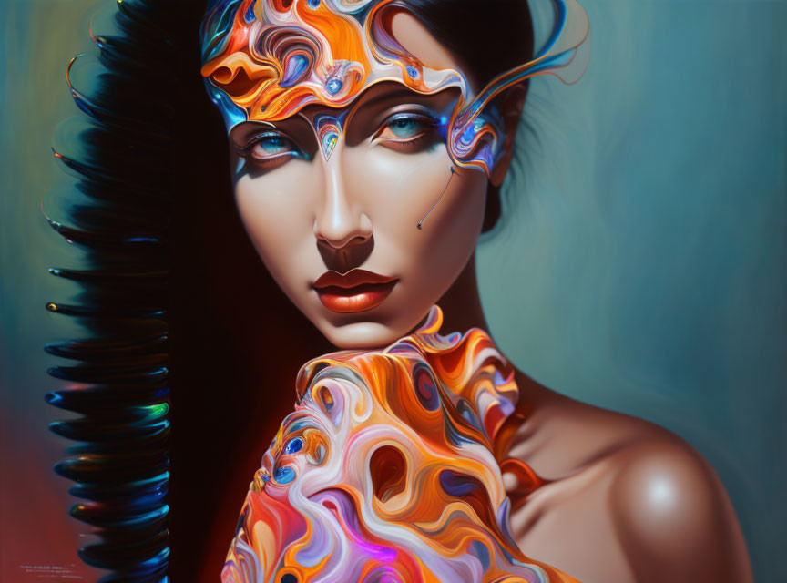 Colorful Abstract Masked Woman with Swirled Patterns and Dark Hairstyle