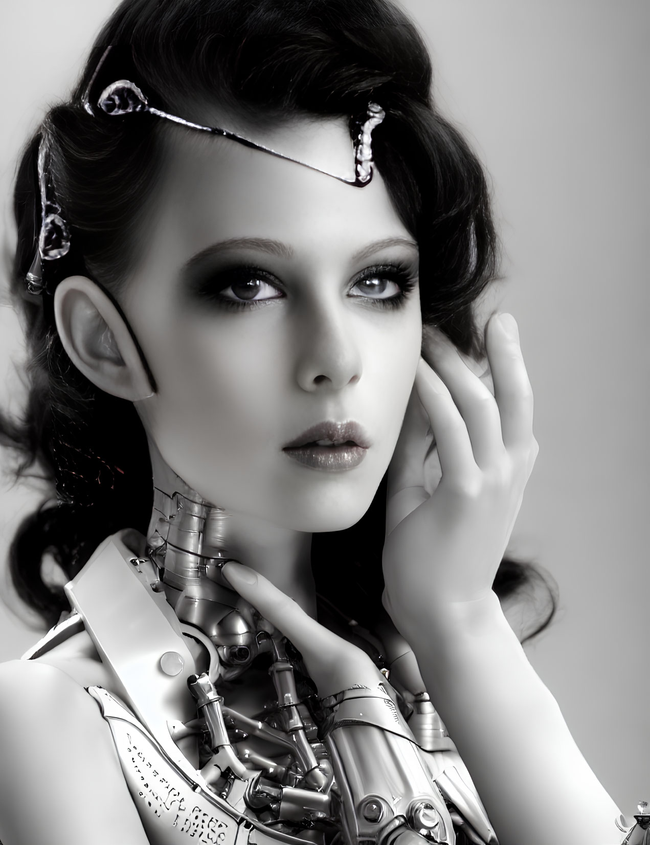 Monochrome image of woman with futuristic cyborg design