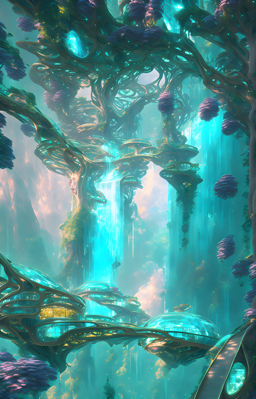 Enchanting forest with towering trees, glowing blue foliage, purple pods, and waterfalls