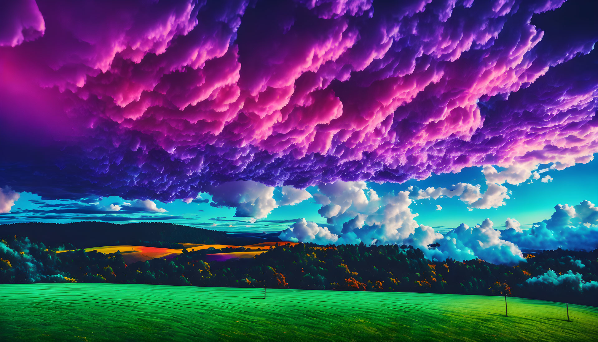 Vibrant surreal landscape: luminous green field, dramatic purple sky