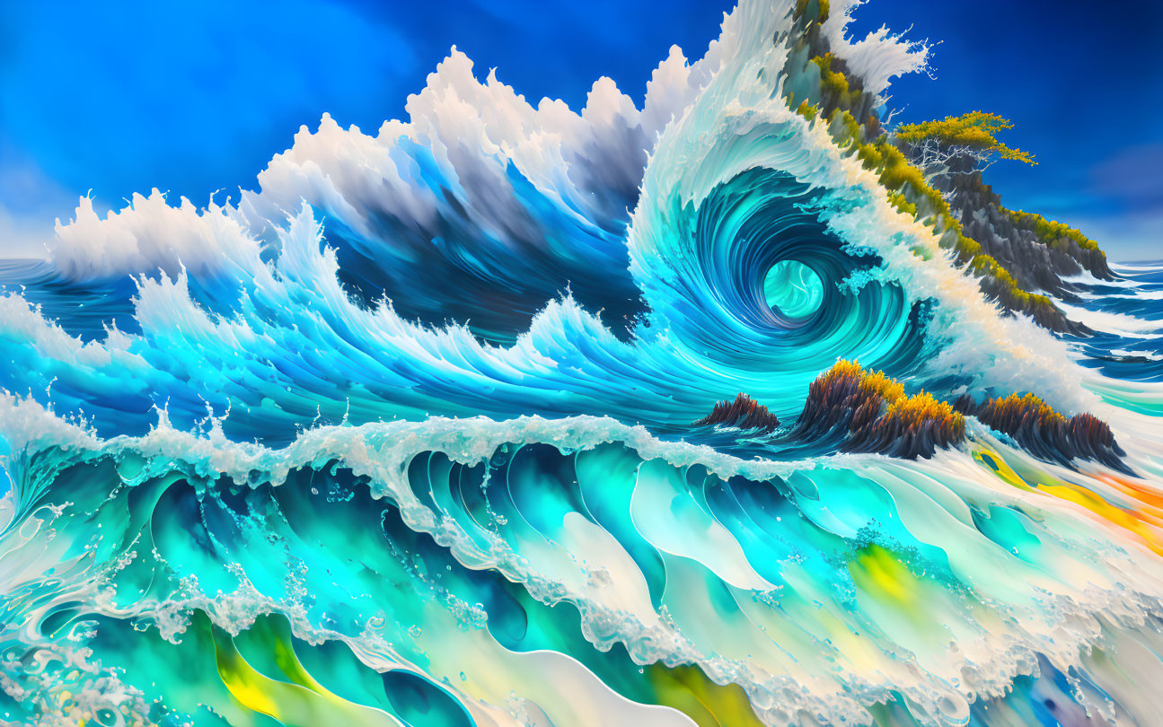 Colorful digital artwork of turbulent ocean wave with swirling vortex and realistic spray.