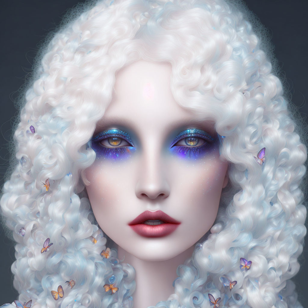 Digital portrait of woman with curly white hair, galaxy makeup, and butterflies.