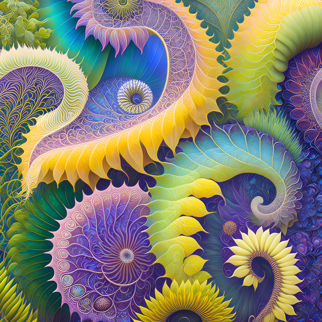 Vibrant fractal art with intricate spiral patterns and gradient textures