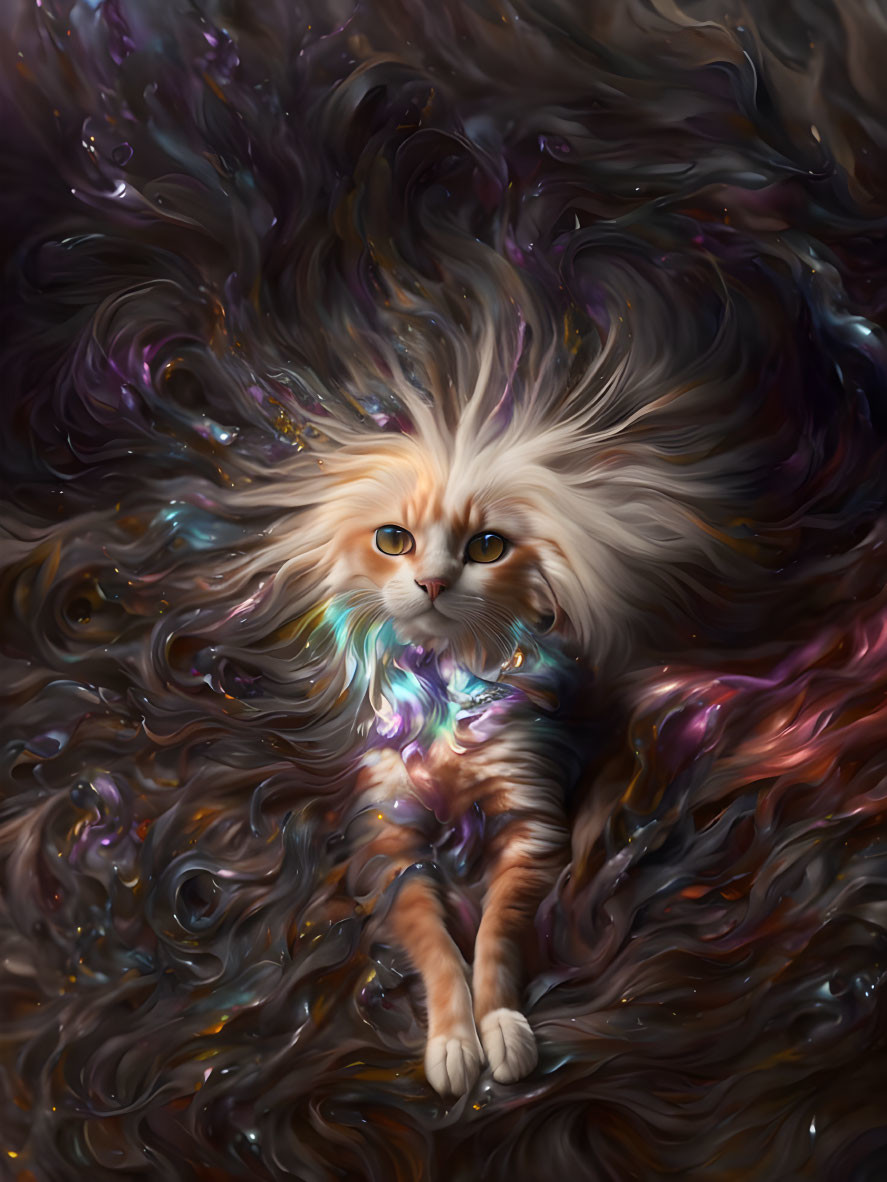 Long-haired cat surrounded by iridescent cosmic swirls