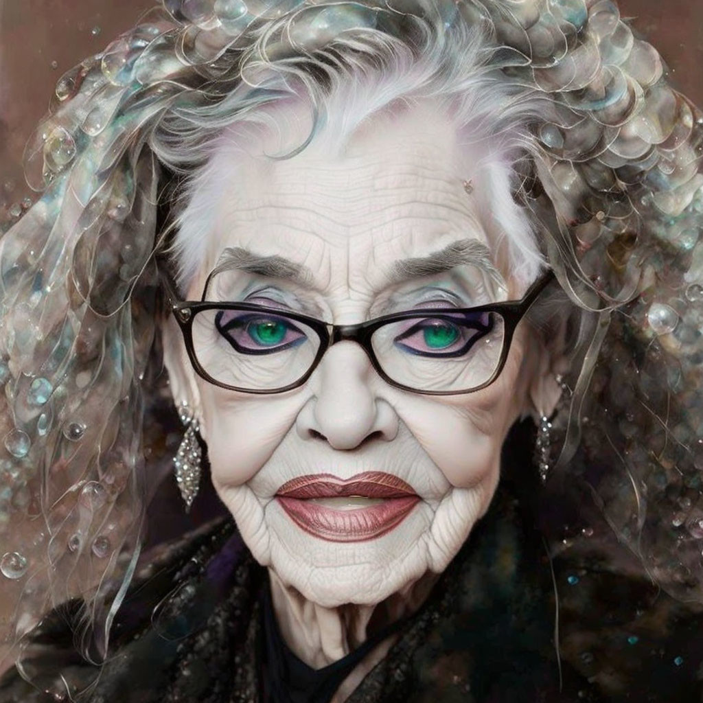 Elderly woman with stylish glasses and silver curly hair in bubble-like setting