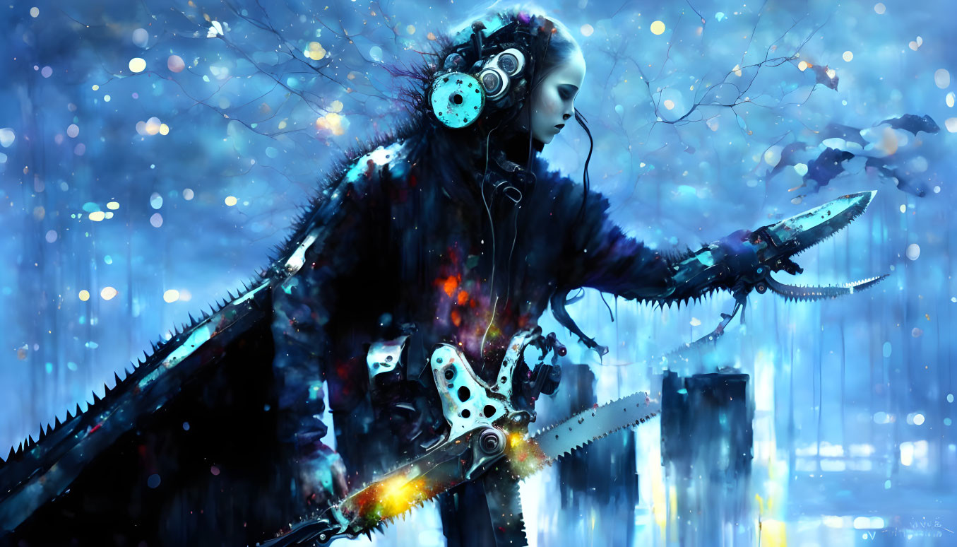 Figure in dark coat wields glowing chainsaw in snowy, neon-lit scene