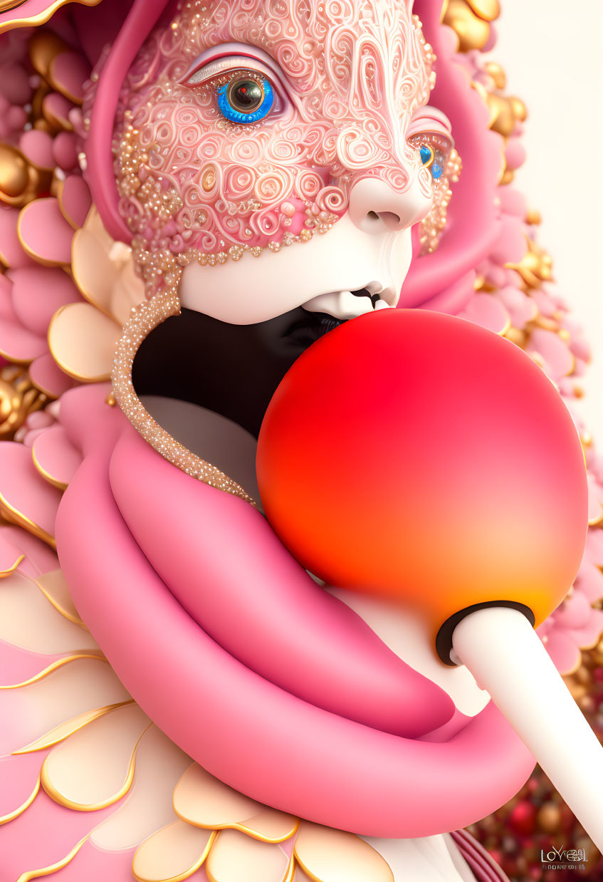 Surreal artwork: Figure with pink and gold adornments, third eye, holding red lollipop