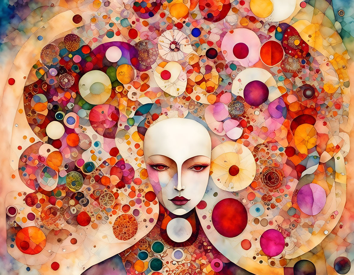 Colorful Artwork: White-Faced Figure Amid Vibrant Circles & Patterns