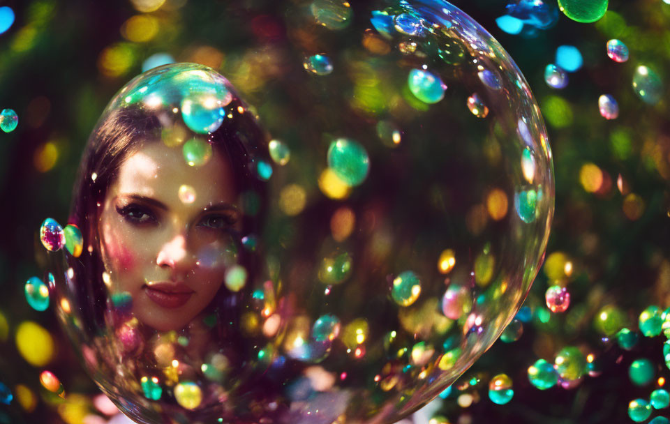 Woman peering through shimmering soap bubble with colorful bokeh lights and green foliage.