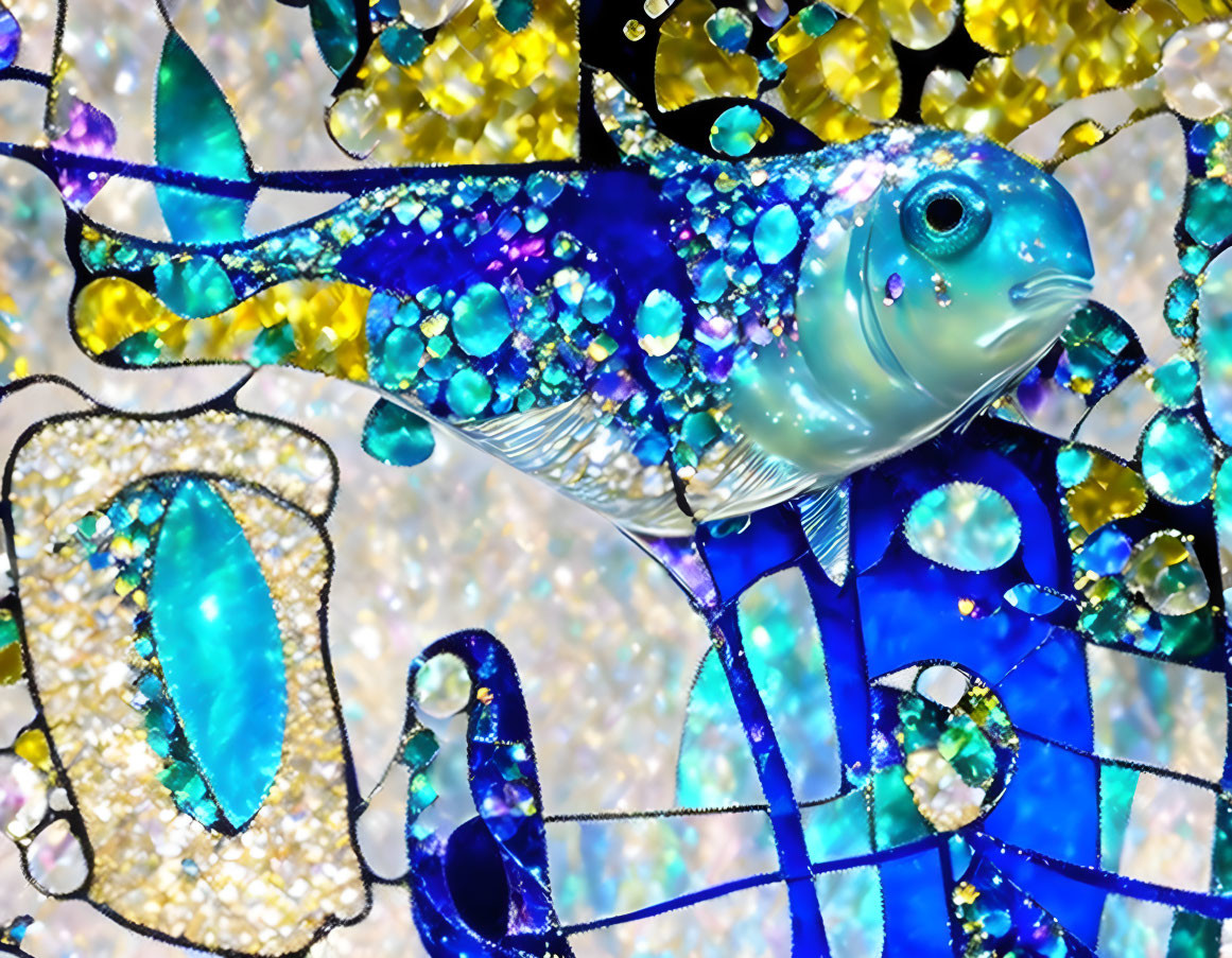 Vibrant blue mosaic fish with glitter textures on abstract background