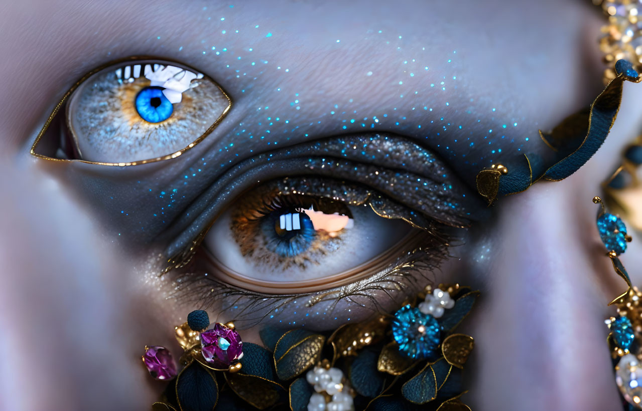 Detailed Close-Up of Face with Dramatic Makeup and Ornate Floral Jewelry