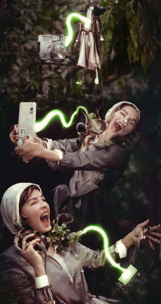 Collage of three women representing eras of communication: old phone, mobile, camera, linked by