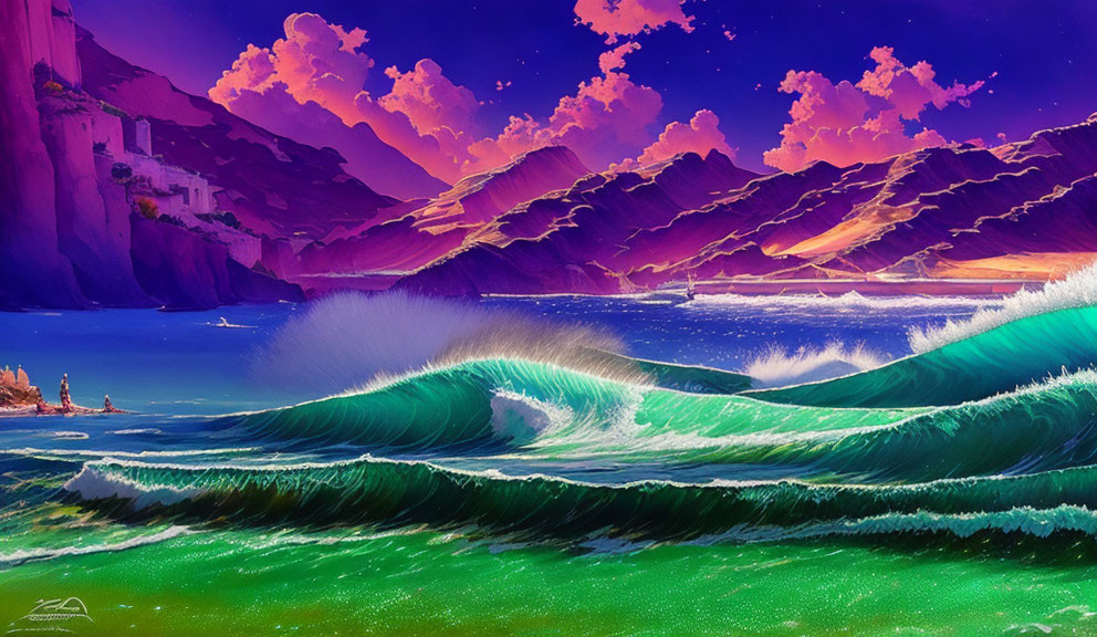 Colorful seascape with crashing waves and mountain backdrop