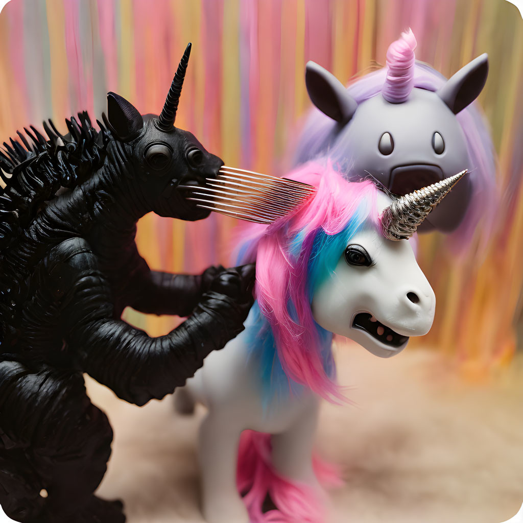 Black mythical creature figurine with unicorn toy on pastel background