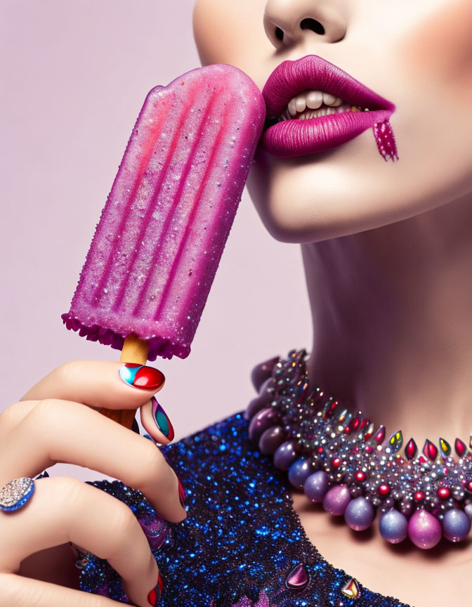 Close-up of woman with purple lipstick biting purple popsicle against pink backdrop