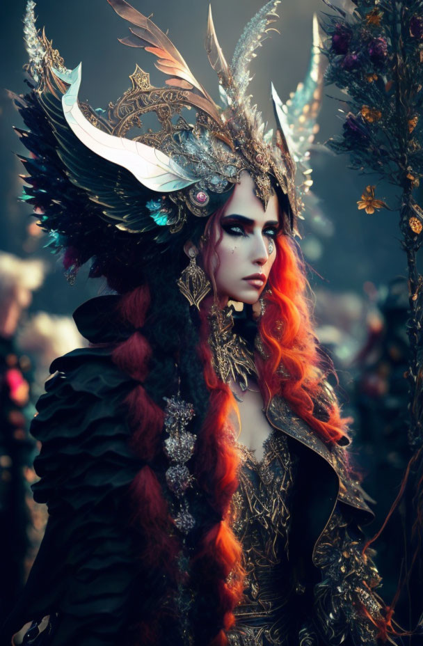 Vibrant red hair and dark fantasy costume in ethereal woodland setting