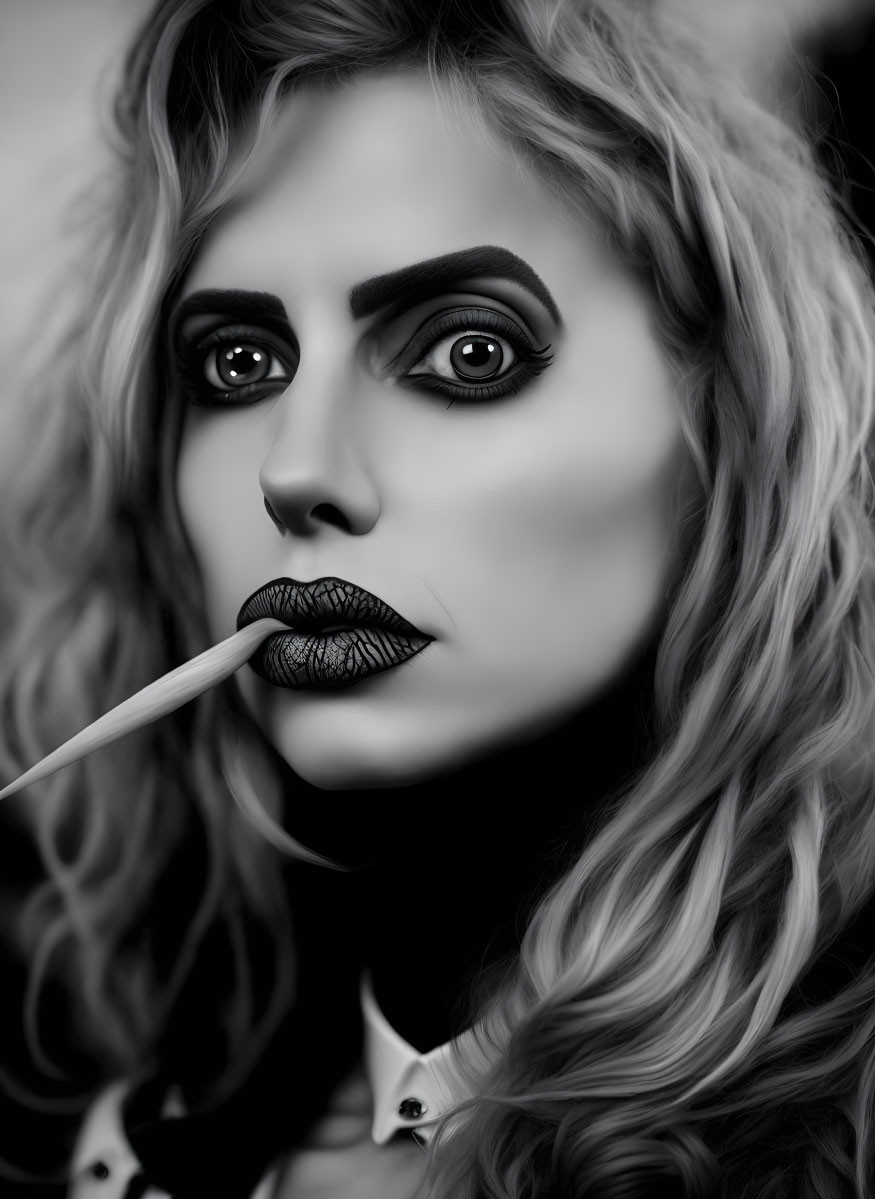 Intense-eyed woman with dark lipstick holding lollipop stick, in monochrome portrait.