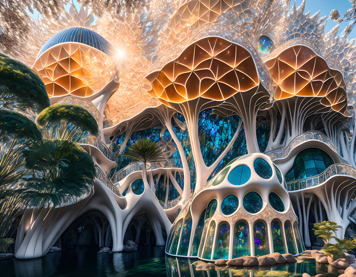 Organic architecture with tree-like structures and colorful glass windows