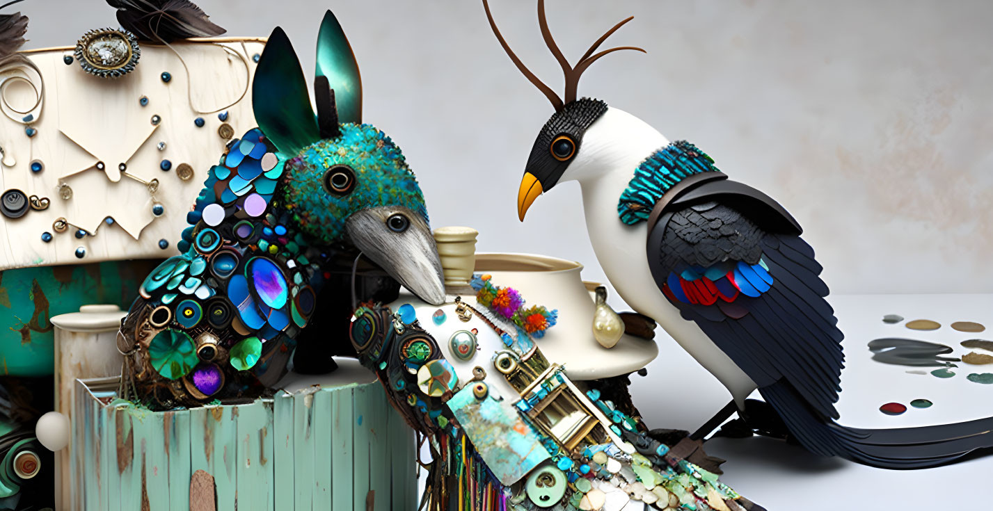 Ornate bird-like sculptures with various objects and textures on a table