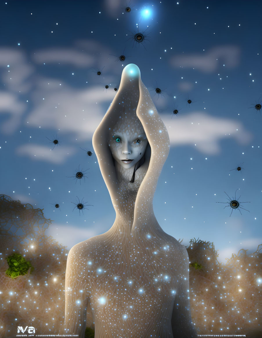 Surreal figure with starry night sky head and floating dandelions in twilight sky