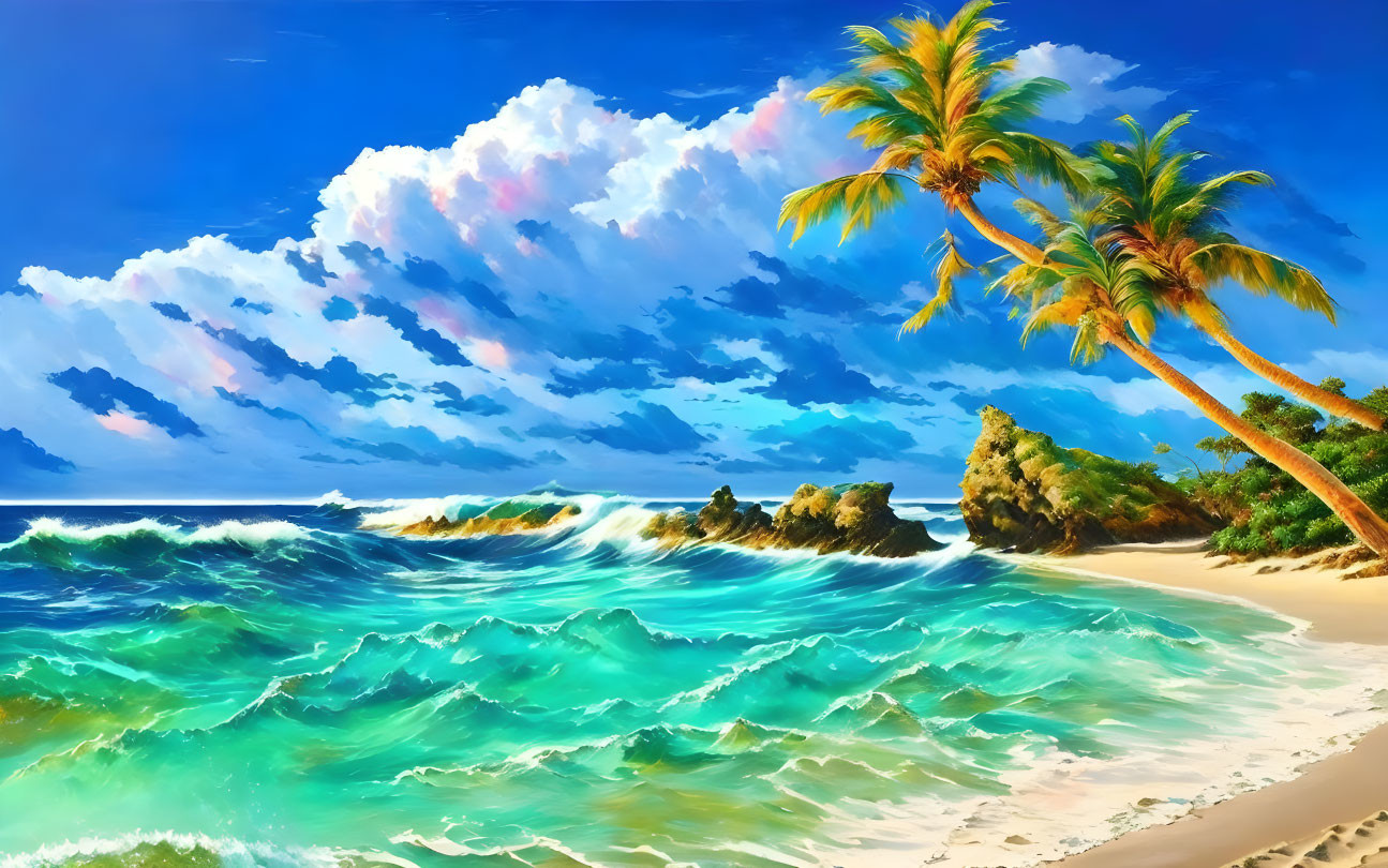 Tropical beach landscape with turquoise waves, golden sand, palm trees, and fluffy clouds