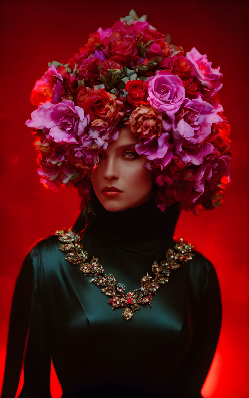 Person wearing vibrant rose headdress and jewel necklace on red background