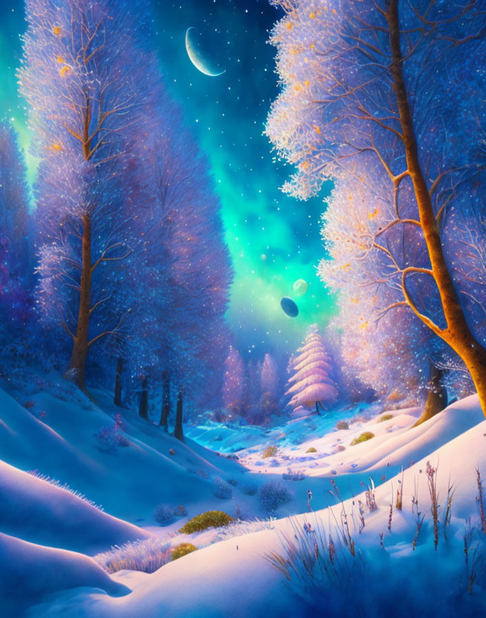 Enchanting snowy forest with northern lights and crescent moon