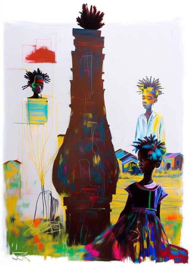 Vibrant abstract art: three figures with unique hairstyles amid sparse house-like structures