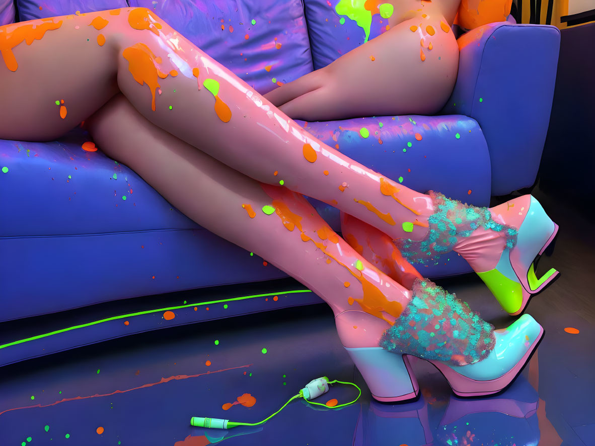 Neon-lit legs in high-heeled shoes on blue couch with paint splatters