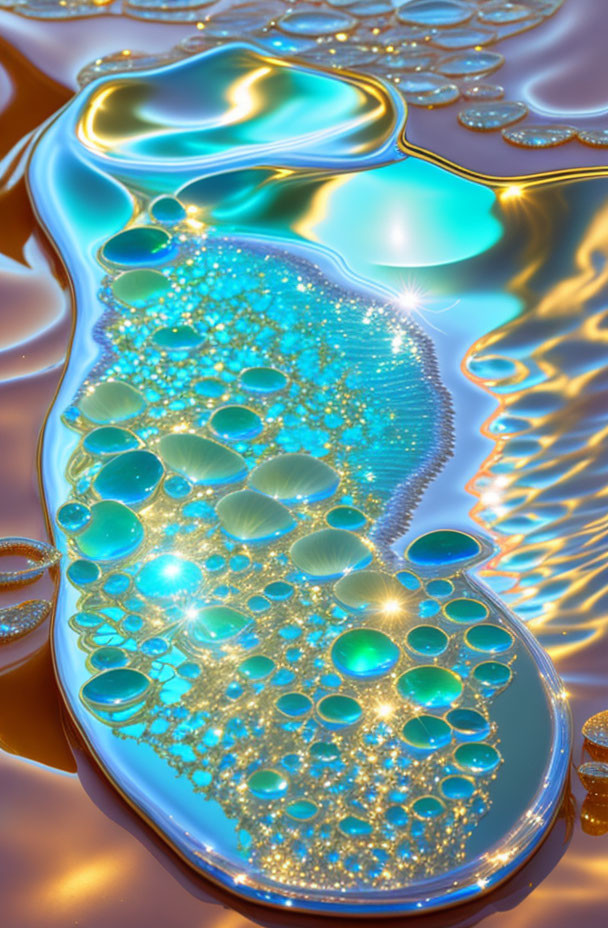 Abstract Digital Artwork: Shiny Blue and Gold Molten Metal Shapes