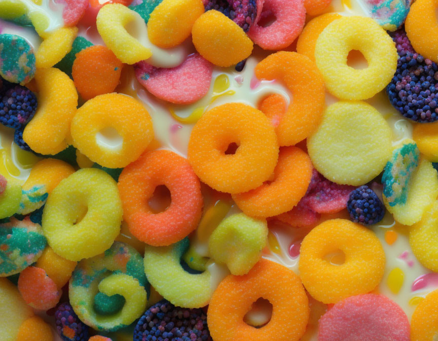 Vibrant Fruit Cereal Rings in Milk with Textures