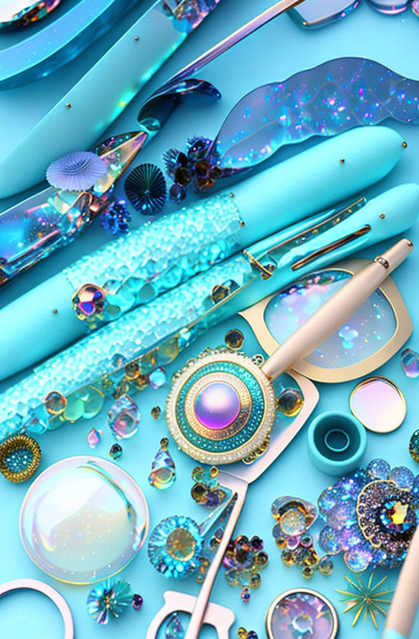 Glittery holographic makeup items in turquoise and pastel colors with brushes and crystal-like adornments