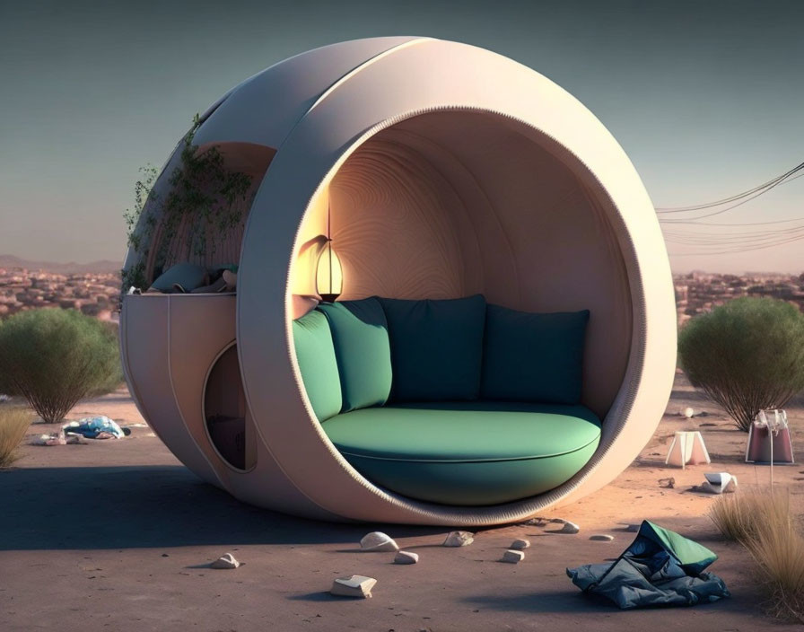 Futuristic spherical pod with open front in desert setting