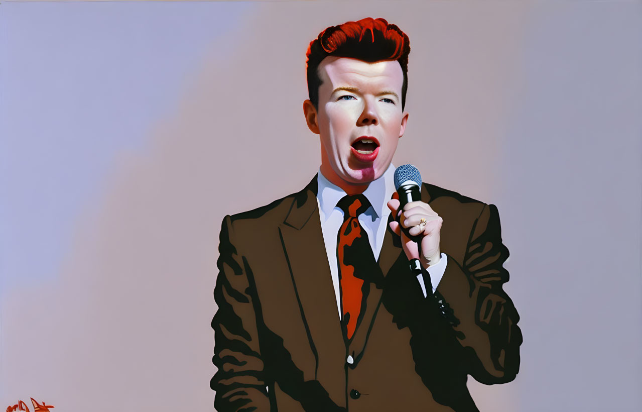 Vibrant painting of person with red hair singing in suit against pale backdrop