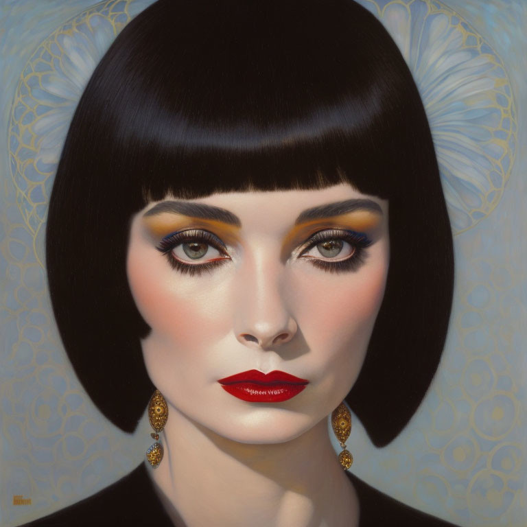 Portrait of Woman with Bob Haircut and Bold Makeup in Ornate Background