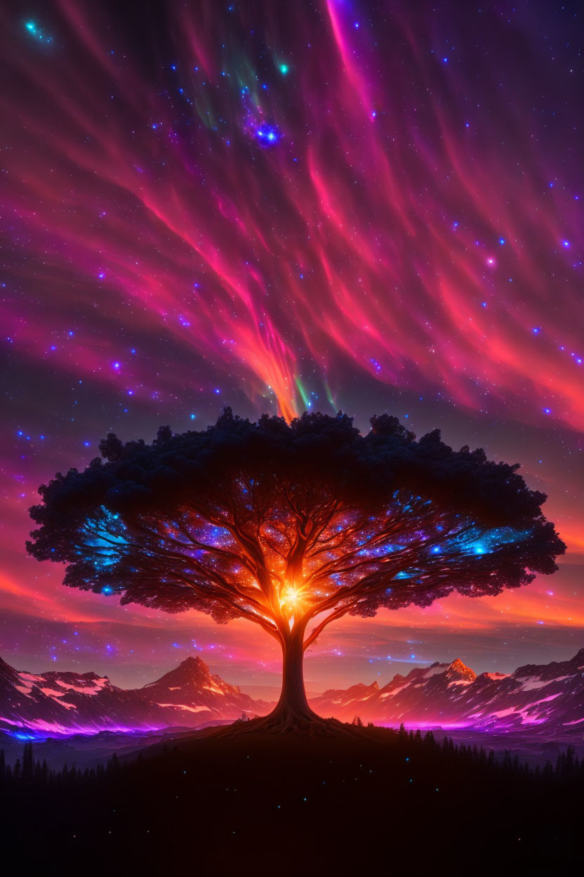 Vibrant digital artwork: Glowing lone tree in aurora night sky