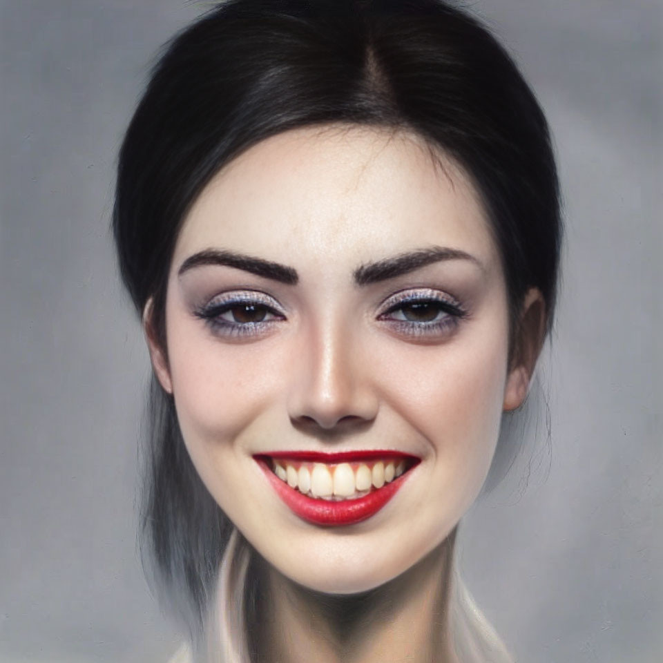 Smiling woman portrait with dark hair, blue eyeshadow, and red lips