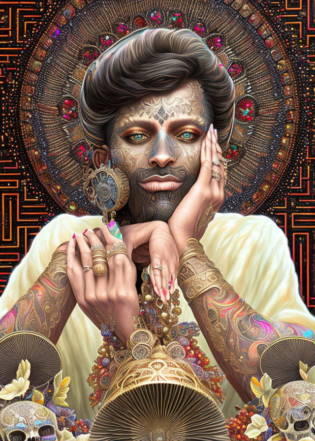 Intricate Tattooed Person with Jewelry on Mandala Background