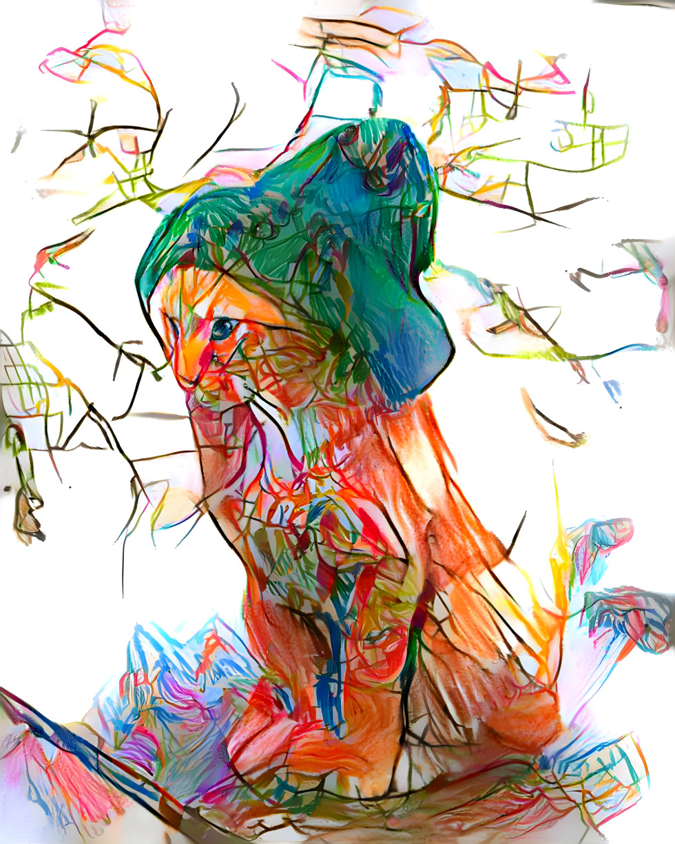 cat wearing a hat, orange, green, white, crayons