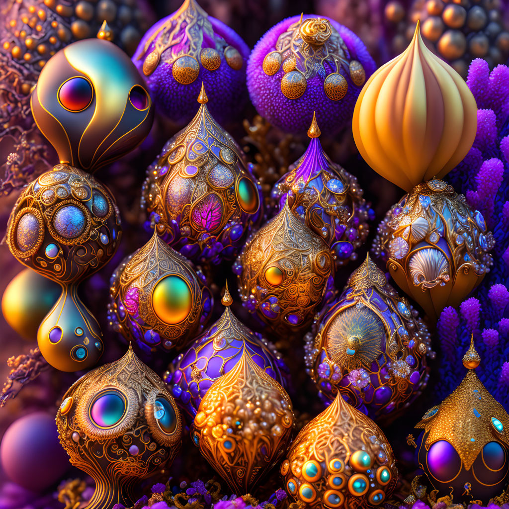 Intricate Fractal Shapes Resemble Jeweled Eggs on Dark Background