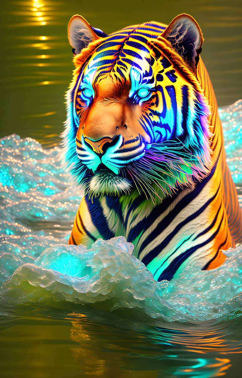 Vibrant digitally colored tiger swimming in sparkling water