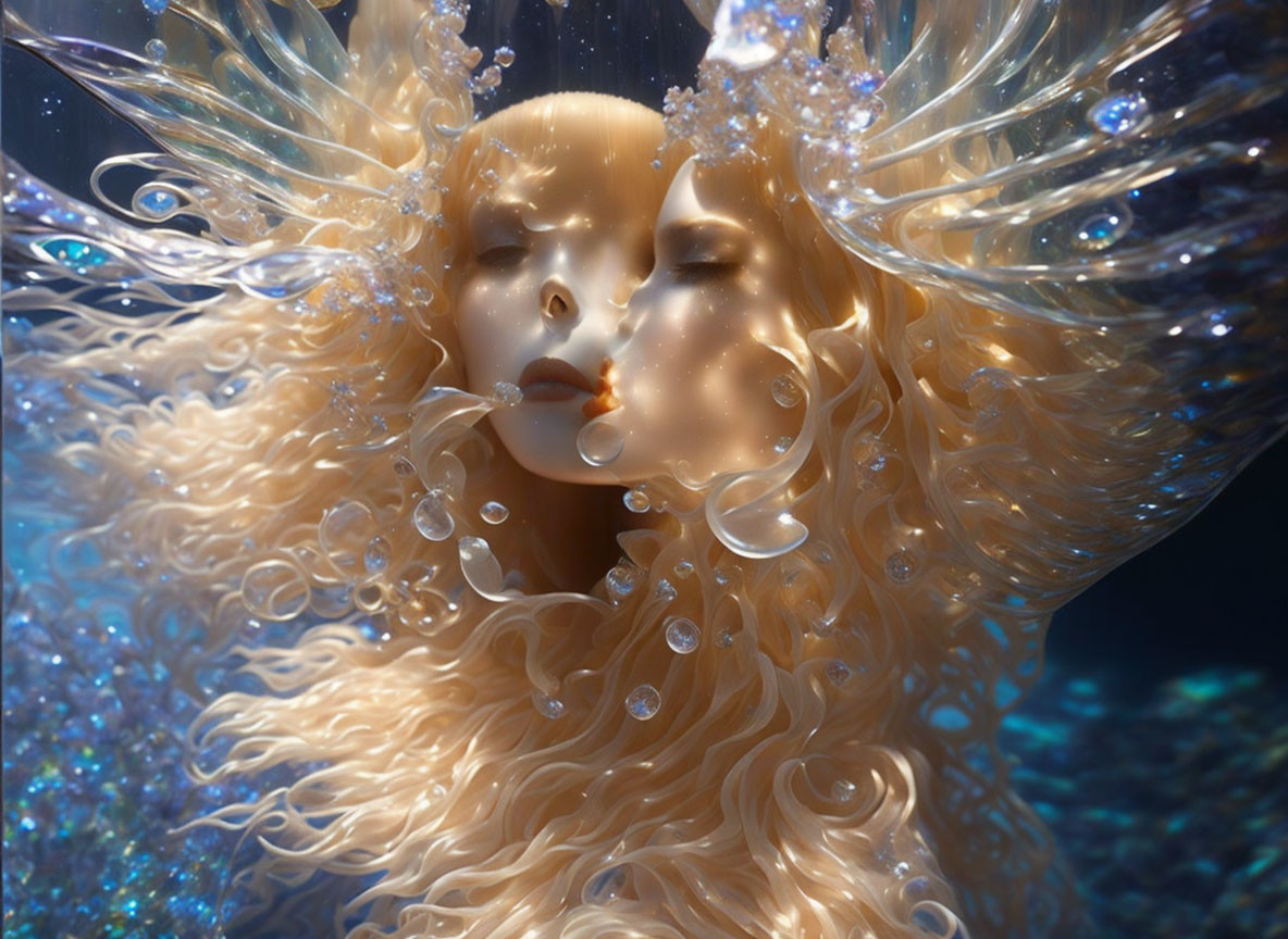 Surreal image: Two faces, golden locks, bubbles, underwater theme