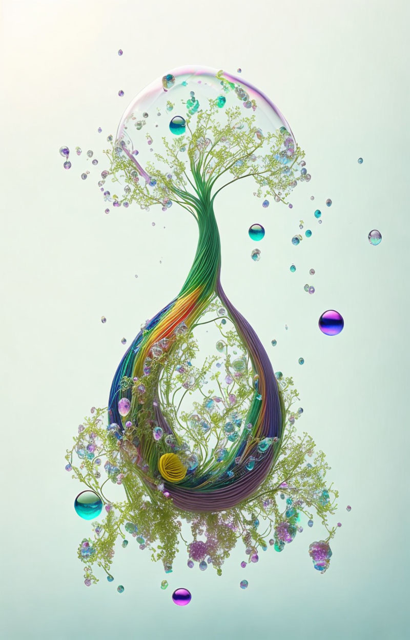 Colorful tree-like structure in floating droplet with smaller droplets on pastel backdrop