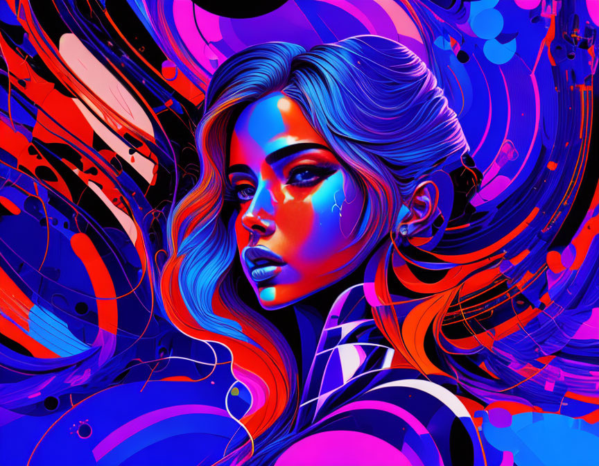 Colorful digital artwork: Woman with flowing hair in blue and magenta on abstract background