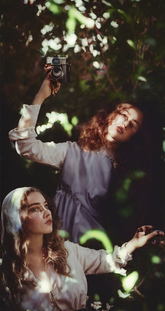 Vintage Attired Women with Camera in Dappled Light Amidst Foliage