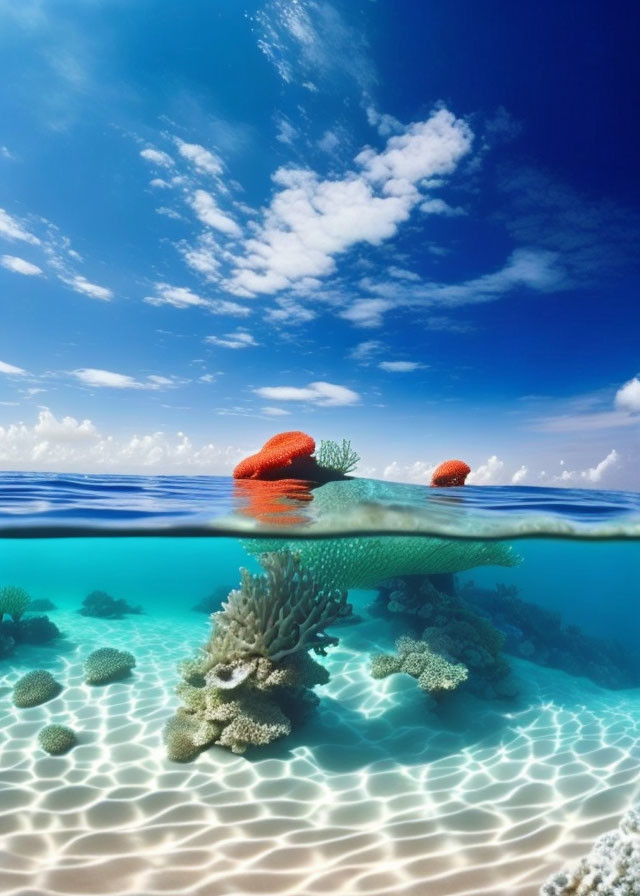 Vibrant coral reef underwater with clear blue sky above