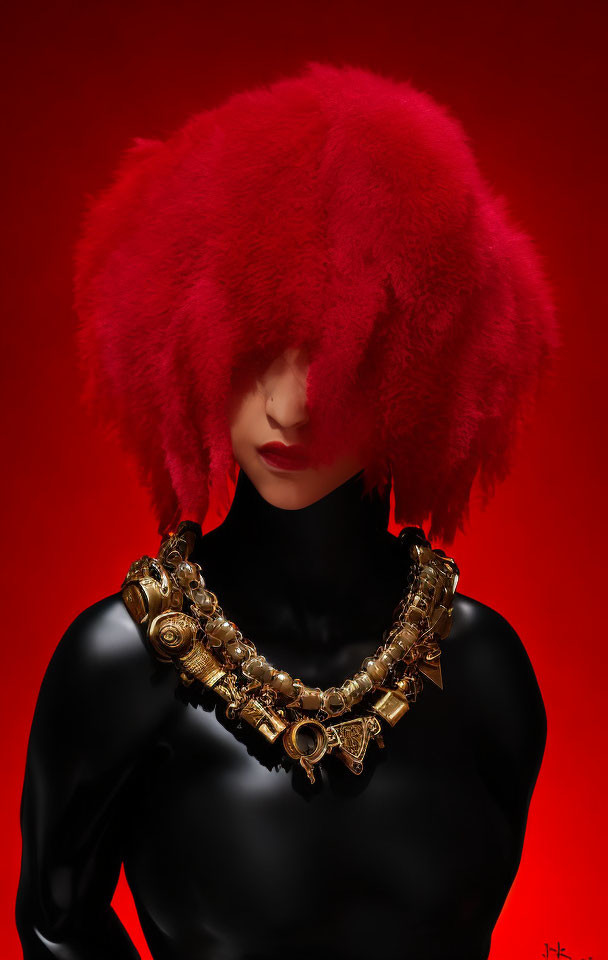 Vibrant red-haired person with covered eyes, bold gold necklace, on red background