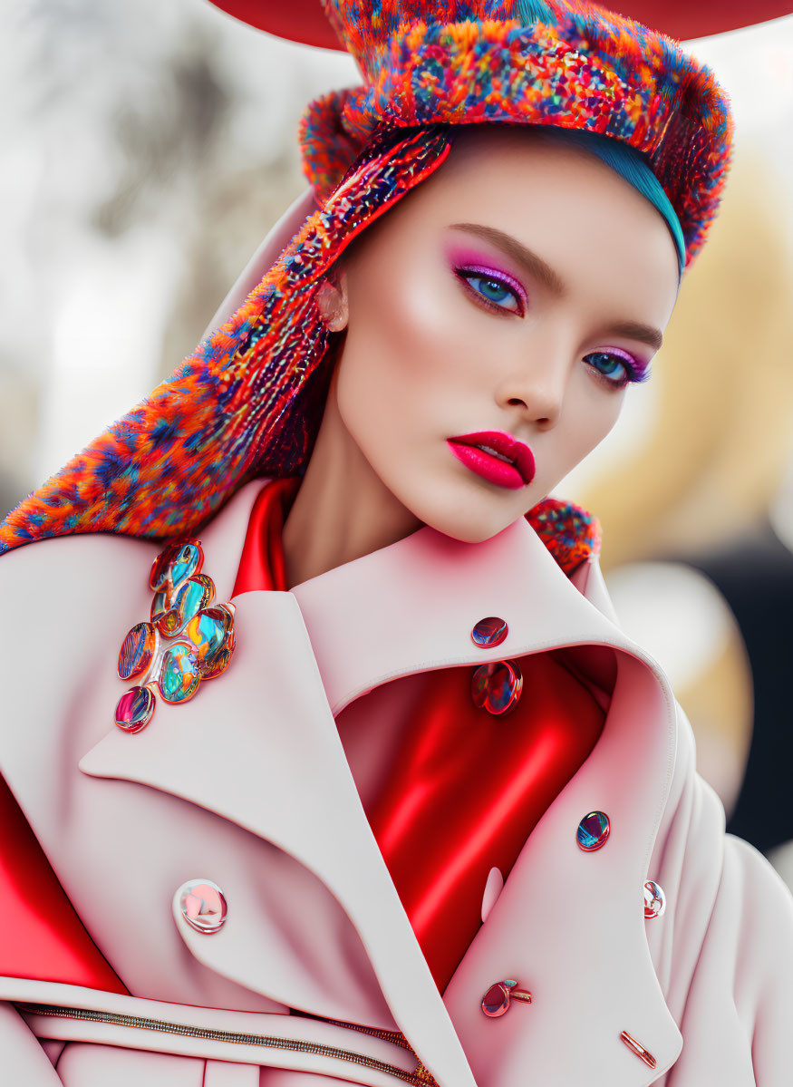 Woman with Striking Makeup in Vibrant Hat and Colorful Coat